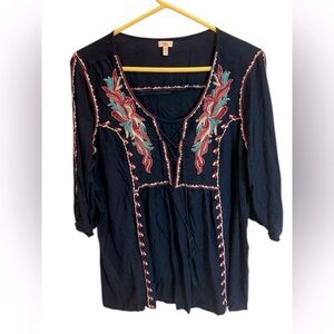 Reba Slit Sleeve Embroidered Navy India Tie Front Bohemian Hippie Tunic Size 1X